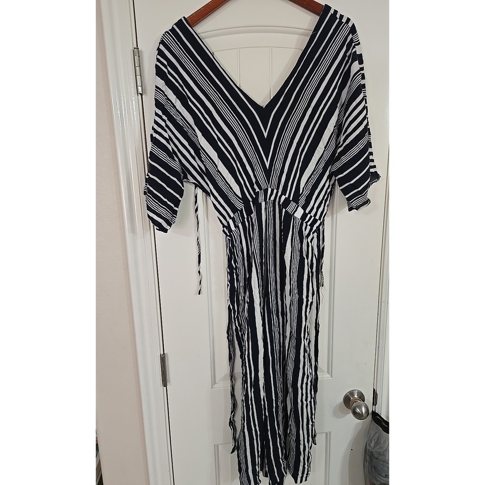 NY&Co Blue White Striped Off The Shoulder Jumpsuit Medium Wide Leg Summer - Picture 10 of 14